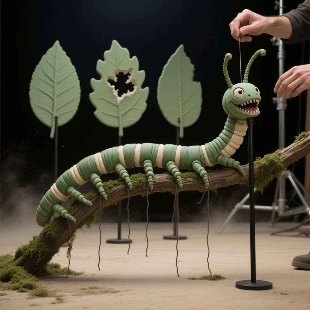 Macro photography of a practical effects test on a soundstage floor. A metre-long animatronic caterpillar puppet, dull green with a cream stripe, arched over a moss-covered branch: eight pairs of stubby legs, the front three pairs gripping the branch, the rest hanging free. Two thin black rods run out of frame to the right where a puppeteer's hands are just visible, and a third rod supports the head, which is turned toward camera with its mandibles open. Behind it, three sprayed foam leaves on stands, the middle one already chewed through. Hard key from above, black felt background, dust in the air.