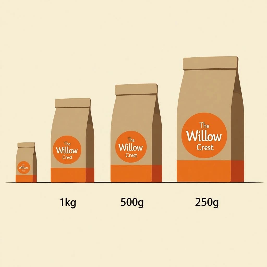 Flat vector illustration of the same coffee bag drawn in three sizes, captioned "1kg", "500g" and "250g", every size carrying the wordmark "The Willow Crest" in the same orange-and-brown coloring, only the bag size changing.