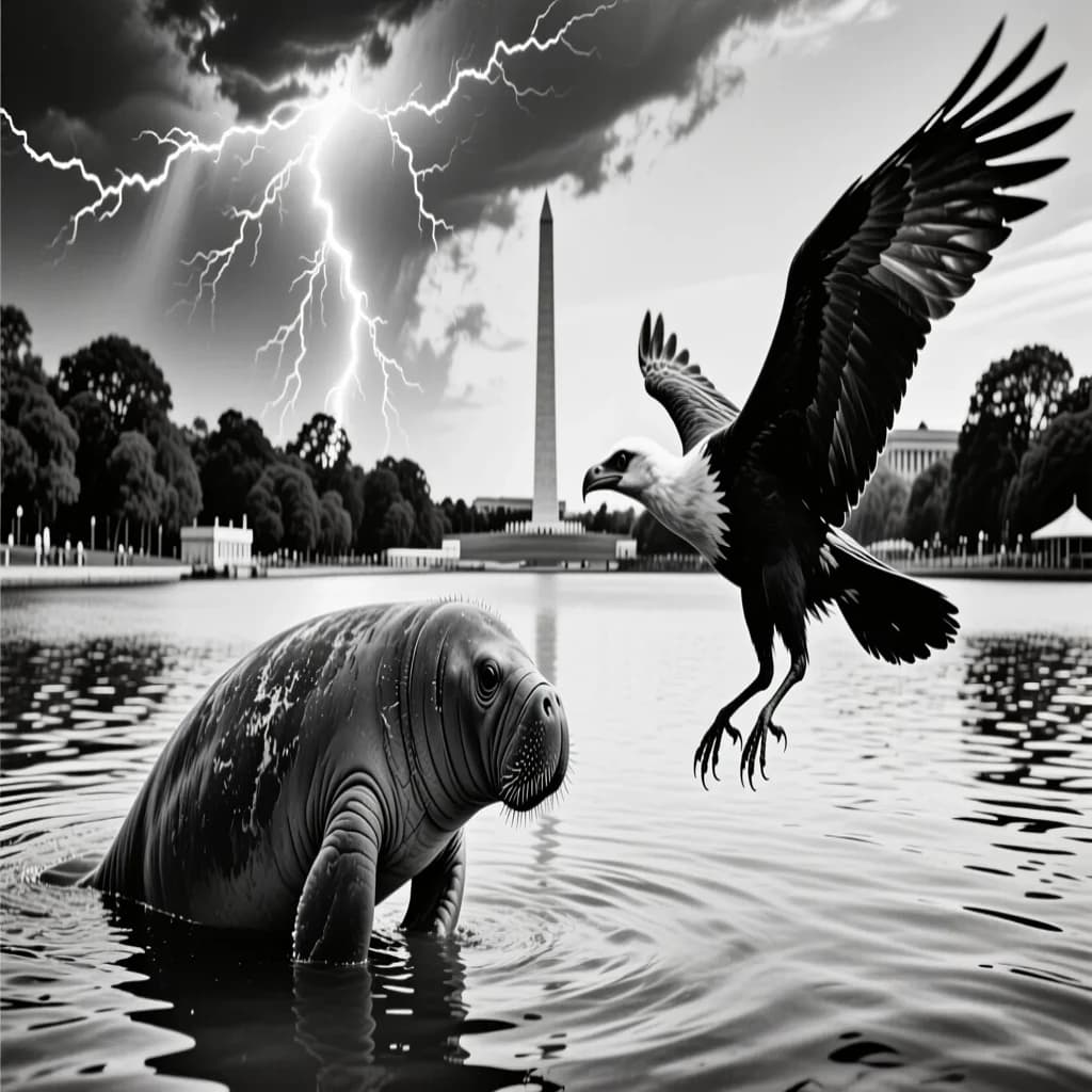 Manatee and Thunderbird in Washington, D.C., United States in the style of black and white