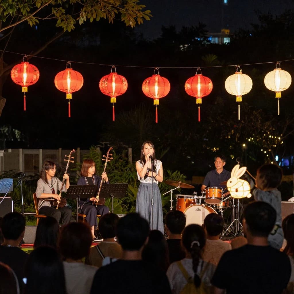 Concert photography, a Mid-Autumn Festival night in a Hong Kong park, shot from inside the crowd toward a low stage lit by warm floods. A singer at the centre microphone holds a note with both hands off the stand; on her left two erhu players sit side by side, on her right a single drummer stands. Eleven paper lanterns hang above the stage, the seven red ones strung in a line and the four white ones clustered at the right end. In the near foreground, out of focus, a child on a father's shoulders holds a rabbit lantern.
