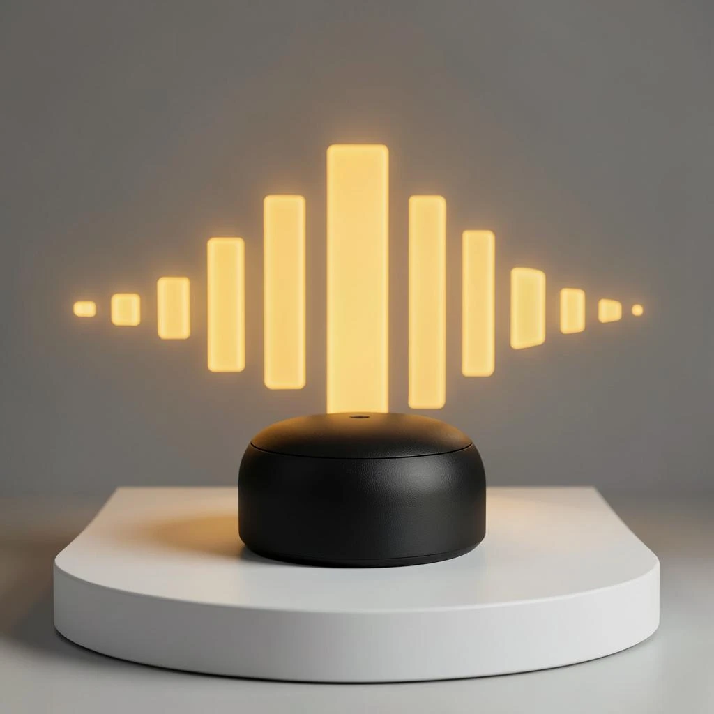 Cinematic 3D render of a matte black speaker puck on a white plinth, with a sound waveform behind it built from fourteen glowing amber bars in a gentle curve, the three tallest centred directly behind the puck and the bars shortening evenly toward both ends.