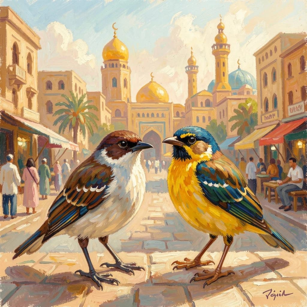 Scrub-Bird and Yellowtail in Cairo, Egypt in the style of impressionist