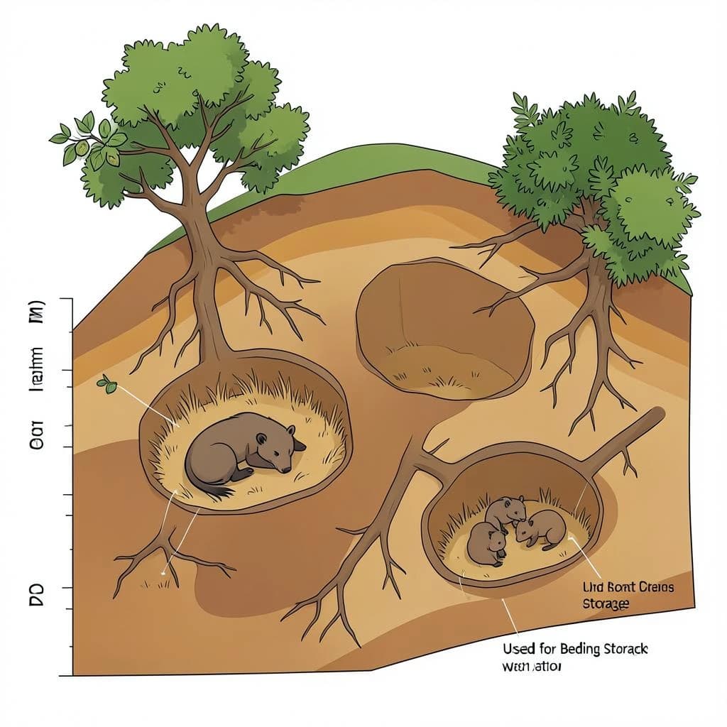 Flat vector cross-section of a badger sett cut through a hillside, soil drawn as layered ochre bands with tree roots threading through. Four chambers at different depths: the deepest lined with dry grass holding two sleeping badgers curled together, one mid level chamber standing empty, one holding three cubs, and a shallow chamber used for bedding storage. Five tunnels connect them, and two entrances break the surface, the left one under a hawthorn and the right one screened by bracken. Labels sit outside the soil profile on hairline leaders, with a depth scale in metres down the left edge.