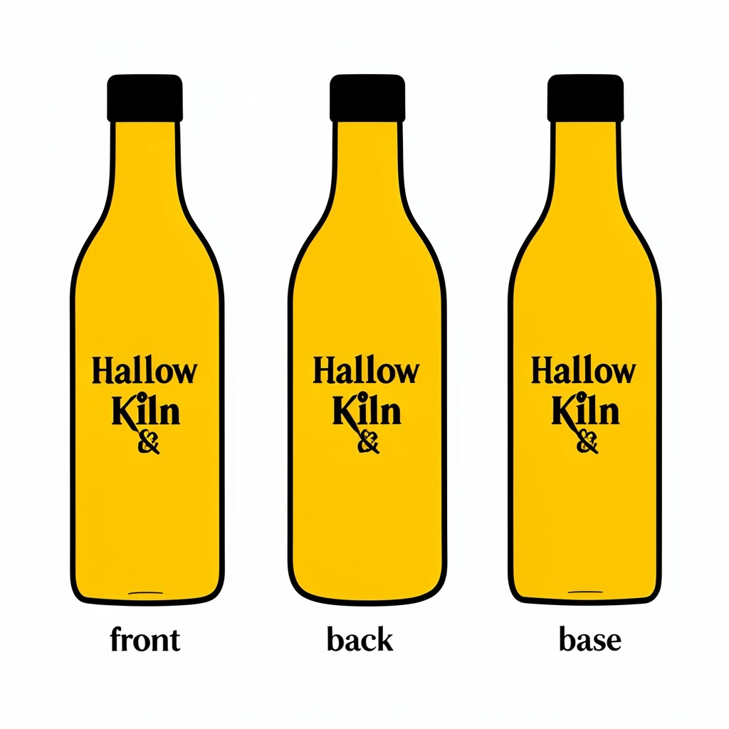 Flat vector illustration of the same hot-sauce bottle drawn in three views, captioned "front", "back" and "base", every view carrying the wordmark "Hollow & Kiln" in the same black-and-yellow coloring, only the angle changing.