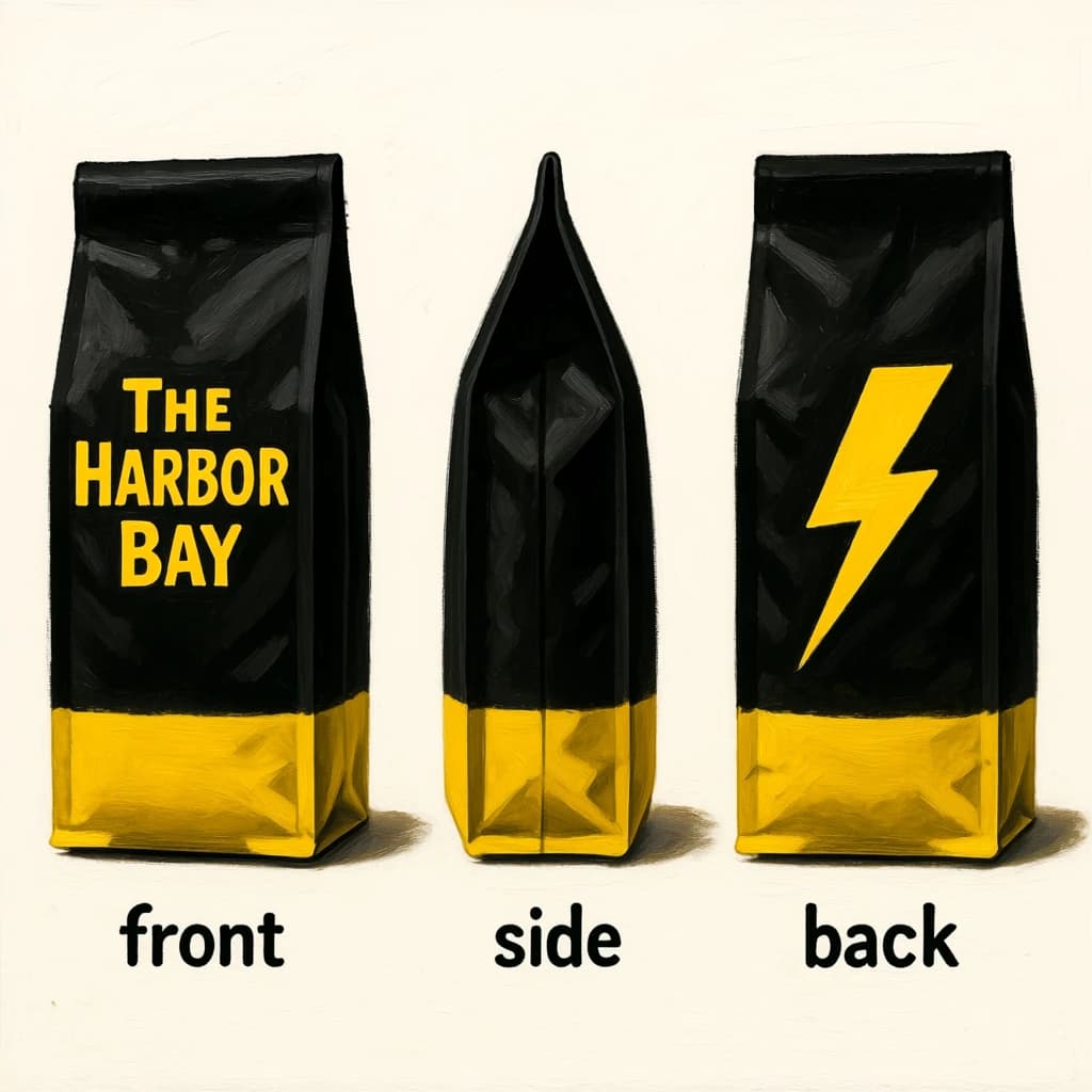 Gouache painting of the same coffee bag drawn in three views, captioned "front", "side" and "back", every view carrying the wordmark "The Harbor Bay" with a lightning-bolt symbol beside it in the same black-and-yellow coloring, only the angle changing.