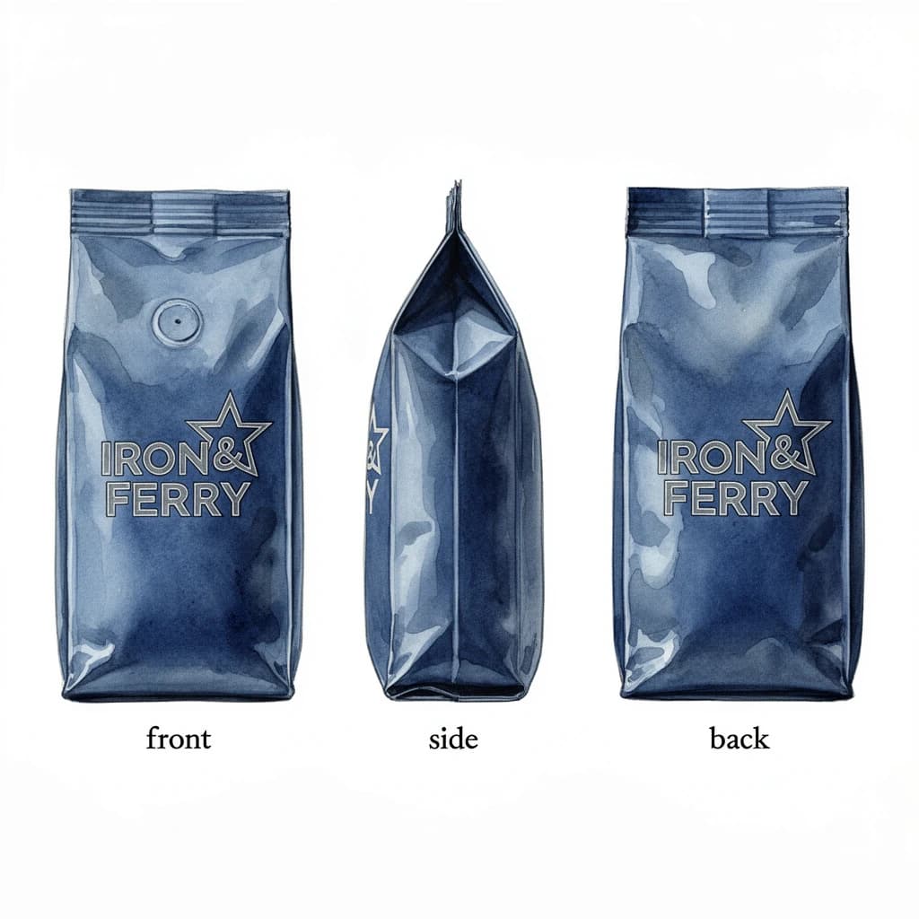 Watercolor of the same coffee bag drawn in three views, captioned "front", "side" and "back", every view carrying the wordmark "Iron & Ferry" with a five-point star outline beside it in the same blue-and-silver coloring, only the angle changing.