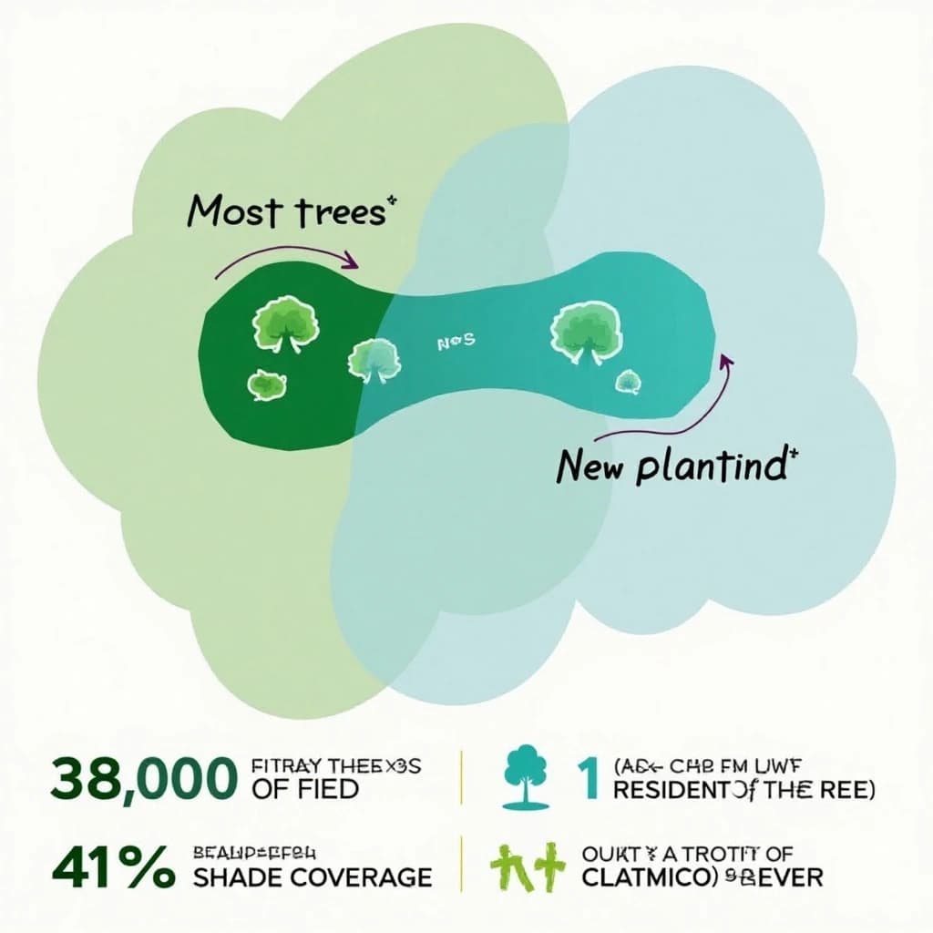 Printed poster titled "The Canopy Problem". A labeled street-tree diagram sits at the center, carrying two keyed regions, "Most trees" shaded dark green and "New planting" shaded light blue. Three stat chips run down a bottom row, reading "38,000 street trees counted", "41% shade coverage" and "1 tree per 11 residents". Each key color matches the shading of the region it names.