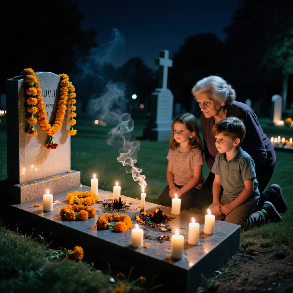 Photojournalism frame from a cemetery vigil at night: one grave slab carrying seven marigold garlands and nine lit candles, three of the candles guttered out and smoking, a grandmother and two children kneeling along the near edge.
