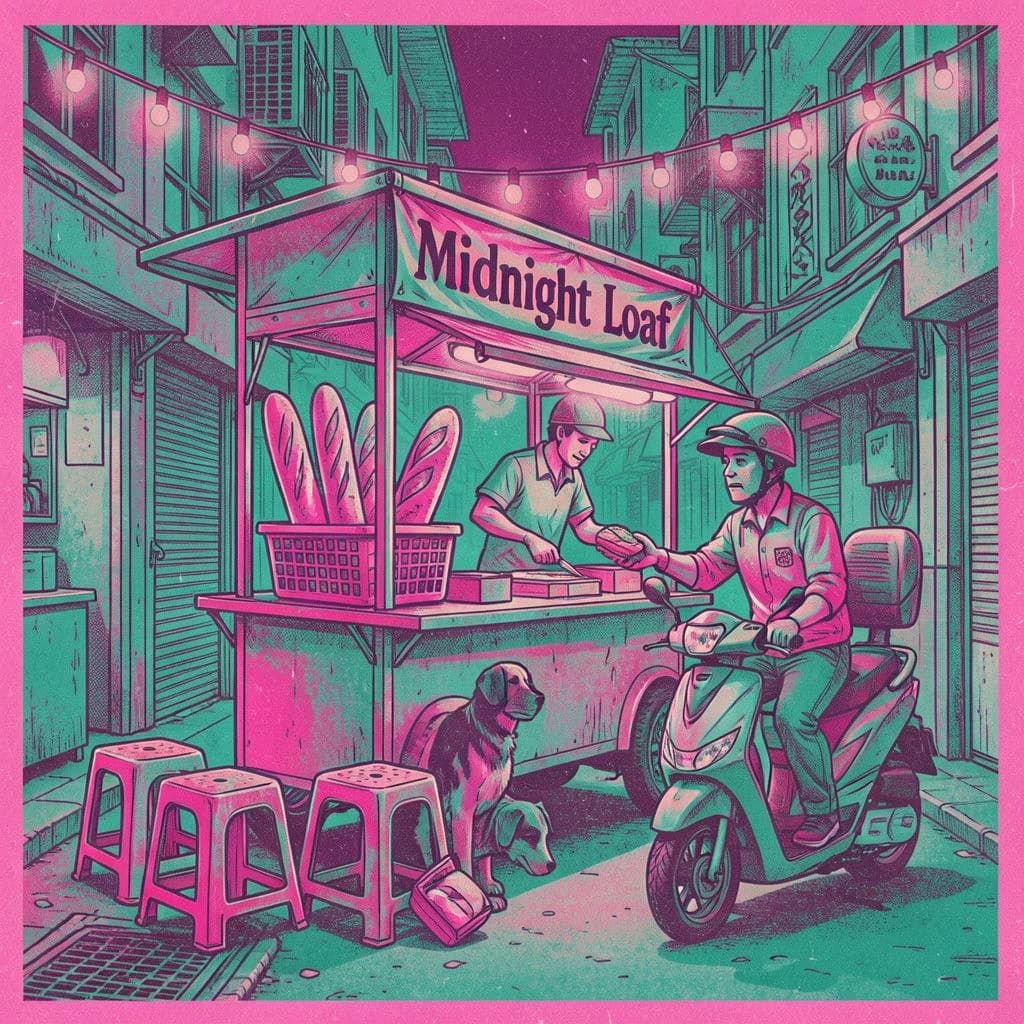 Two-color risograph print key art in fluorescent pink and teal with visible misregistration and paper grain, for a street food courier game. A night market alley: the banh mi cart at center with three baguettes standing upright in a basket and two more being sliced by the vendor, who hands one wrapped sandwich down to a courier straddling a scooter. Four plastic stools in front of the cart, three occupied and the one nearest the gutter tipped over. Two strings of bulbs cross overhead. A dog waits under the cart axle. The stall banner reads "Midnight Loaf".