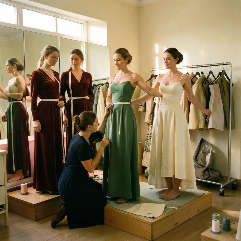 35mm film photograph, wardrobe fitting room, warm late afternoon window light and soft grain. Three actresses stand on low platforms in front of a three-panel mirror. The one in the red velvet gown has a cloth tape measure draped around her neck. A seamstress kneels beside the one in the green gown, measuring her hem with a second tape measure. The third actress, in an unfinished cream bodice, holds both arms out while another seamstress pins her sleeve. Six spools of thread line the windowsill, and only the two at the right end are unwound. A rolling rack behind them carries eight garment bags, one of them unzipped.