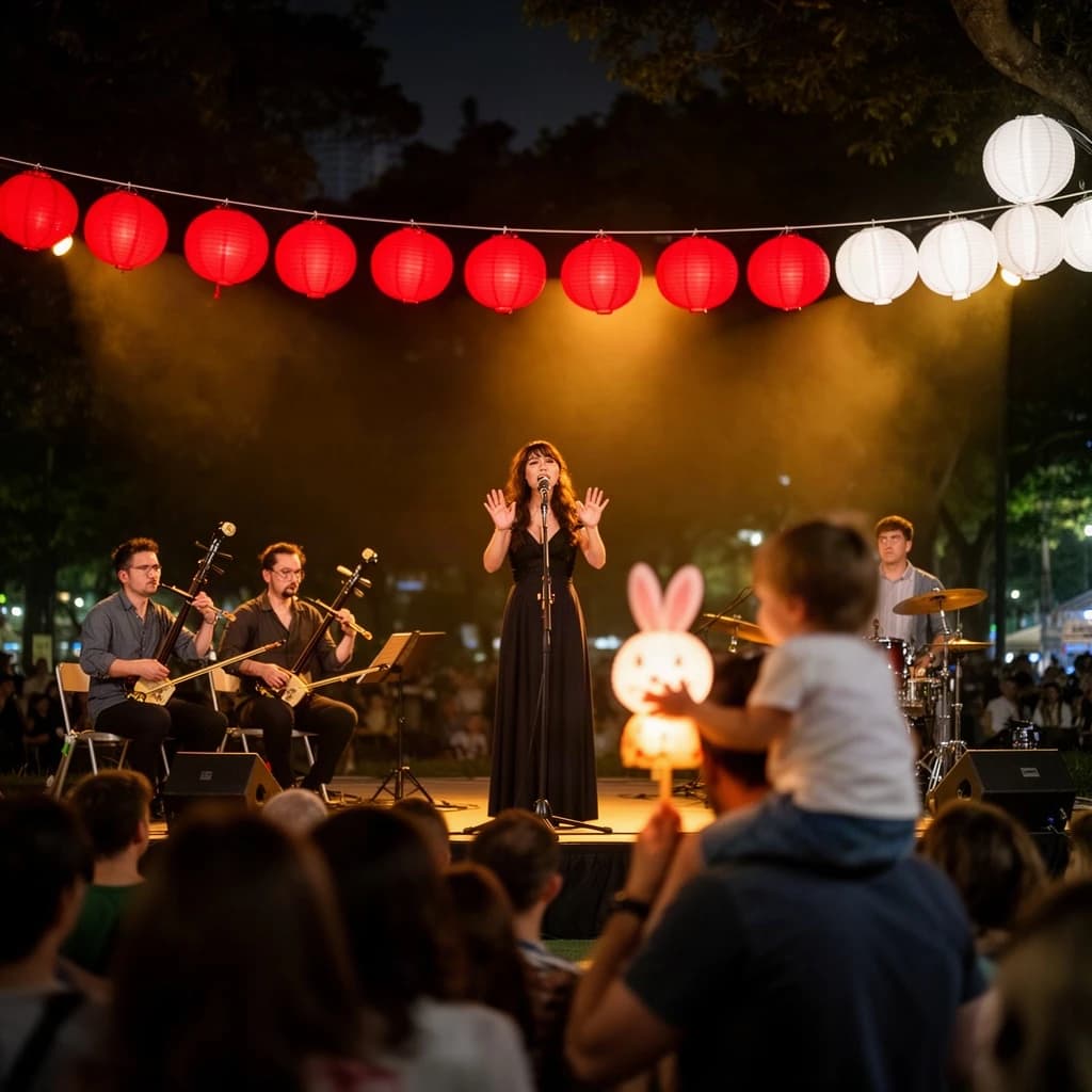 Concert photography, a Mid-Autumn Festival night in a Hong Kong park, shot from inside the crowd toward a low stage lit by warm floods. A singer at the centre microphone holds a note with both hands off the stand; on her left two erhu players sit side by side, on her right a single drummer stands. Eleven paper lanterns hang above the stage, the seven red ones strung in a line and the four white ones clustered at the right end. In the near foreground, out of focus, a child on a father's shoulders holds a rabbit lantern.