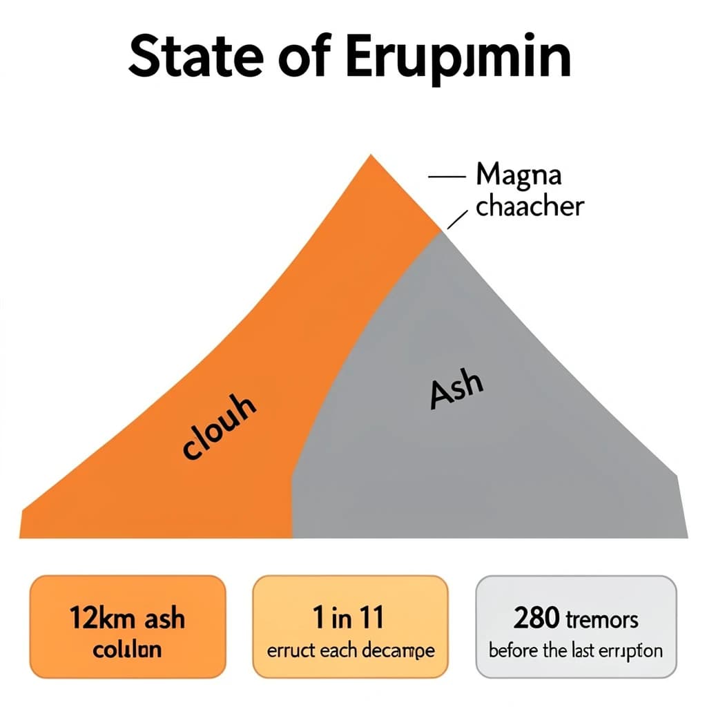 Flat infographic titled "State of Eruption". A simplified hazard map of the slopes sits at the center, carrying two keyed regions, "Magma chamber" shaded orange and "Ash cloud" shaded gray. Three stat chips run down a bottom row, reading "12km ash column", "1 in 11 erupt each decade" and "280 tremors before the last eruption". Each key color matches the shading of the region it names.