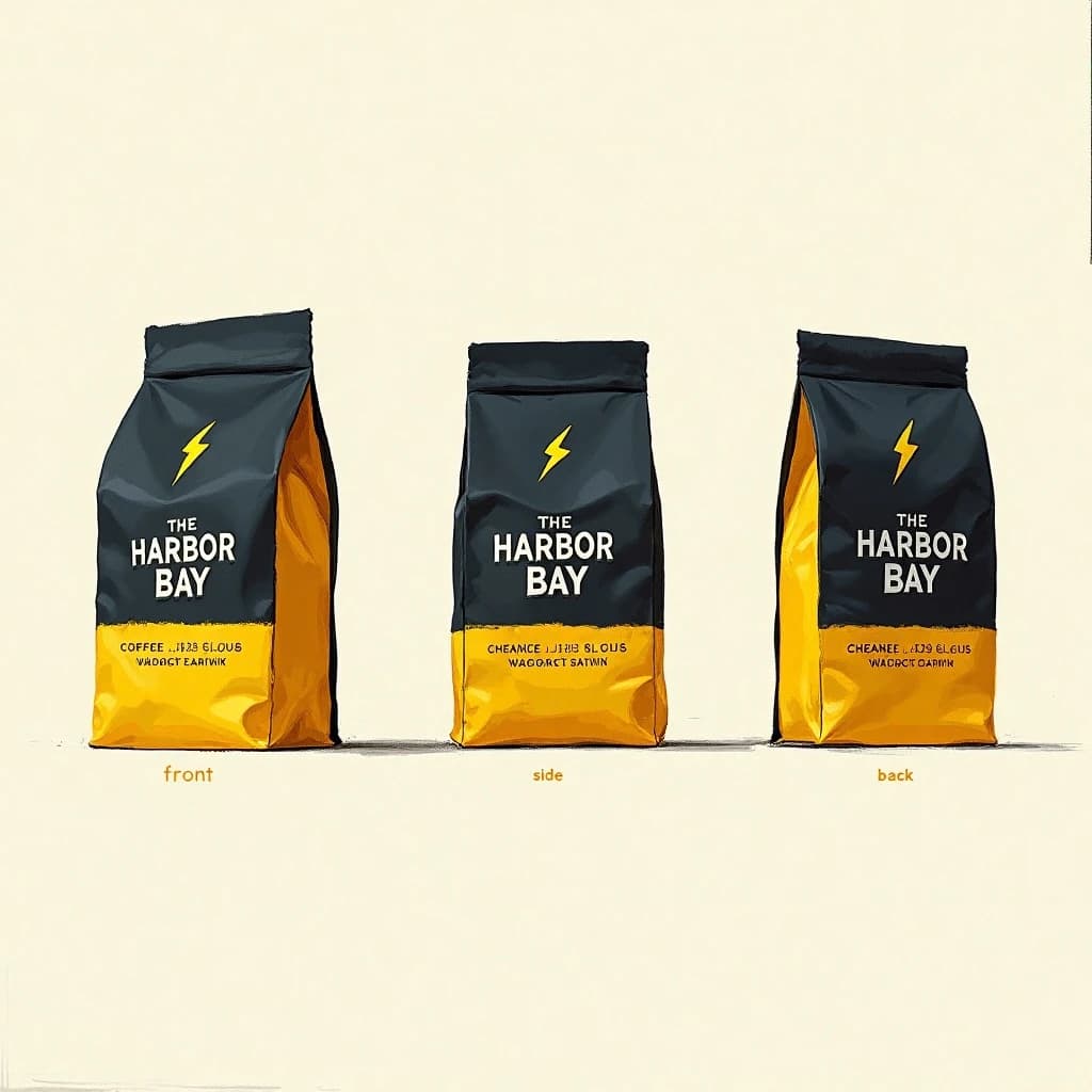 Gouache painting of the same coffee bag drawn in three views, captioned "front", "side" and "back", every view carrying the wordmark "The Harbor Bay" with a lightning-bolt symbol beside it in the same black-and-yellow coloring, only the angle changing.