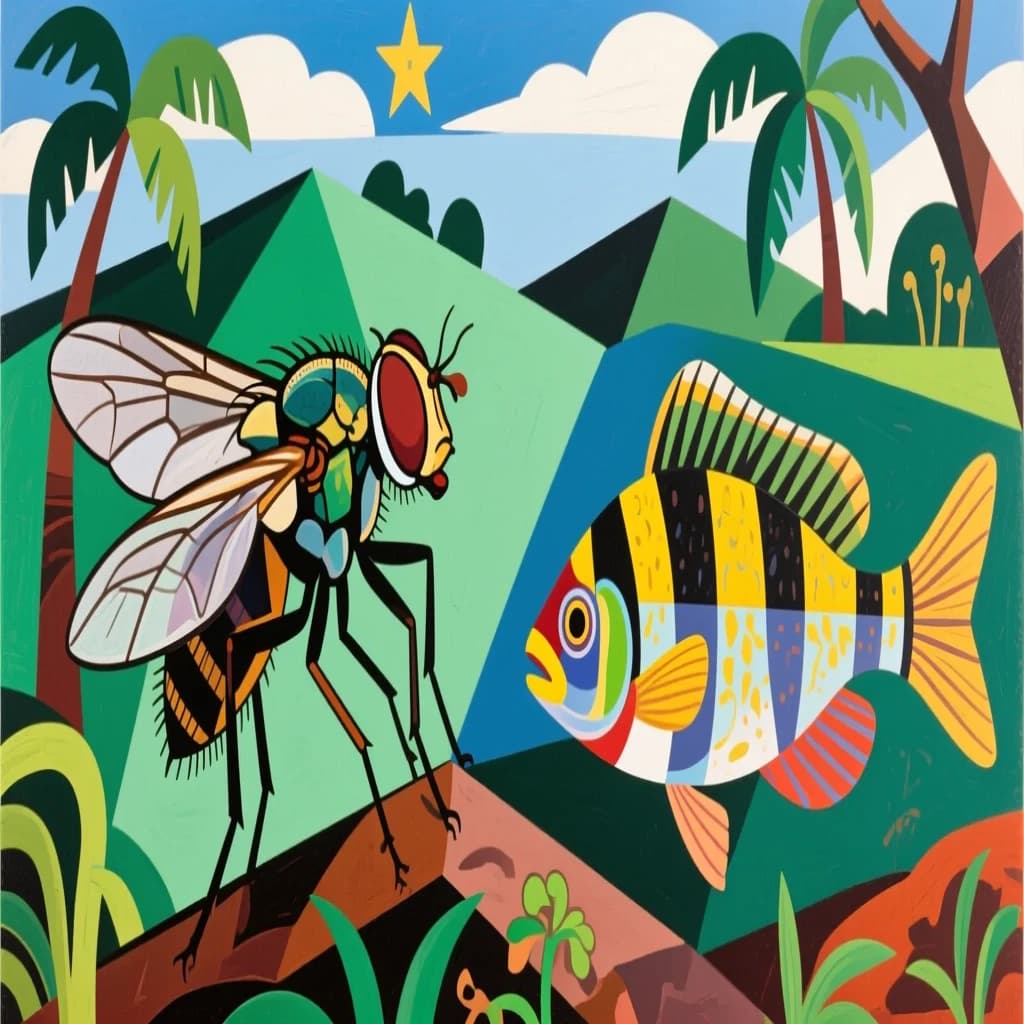 Dobson Fly and Topminnow in Kinshasa, DR Congo in the style of cubist