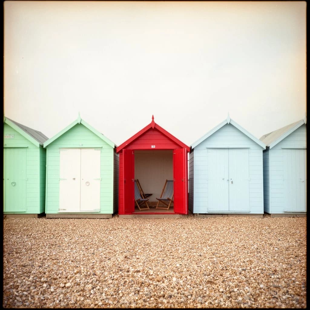 35mm film photo of seven beach huts in a row on a shingle bank. The three left huts are mint green with white doors, the middle one is red with its doors open showing two deckchairs inside, the three right huts are pale blue and shuttered.