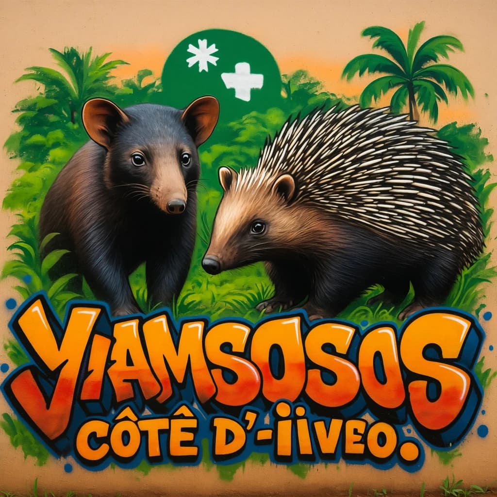 Civet and Aardvark in Yamoussoukro, Côte d'Ivoire in the style of graffiti
