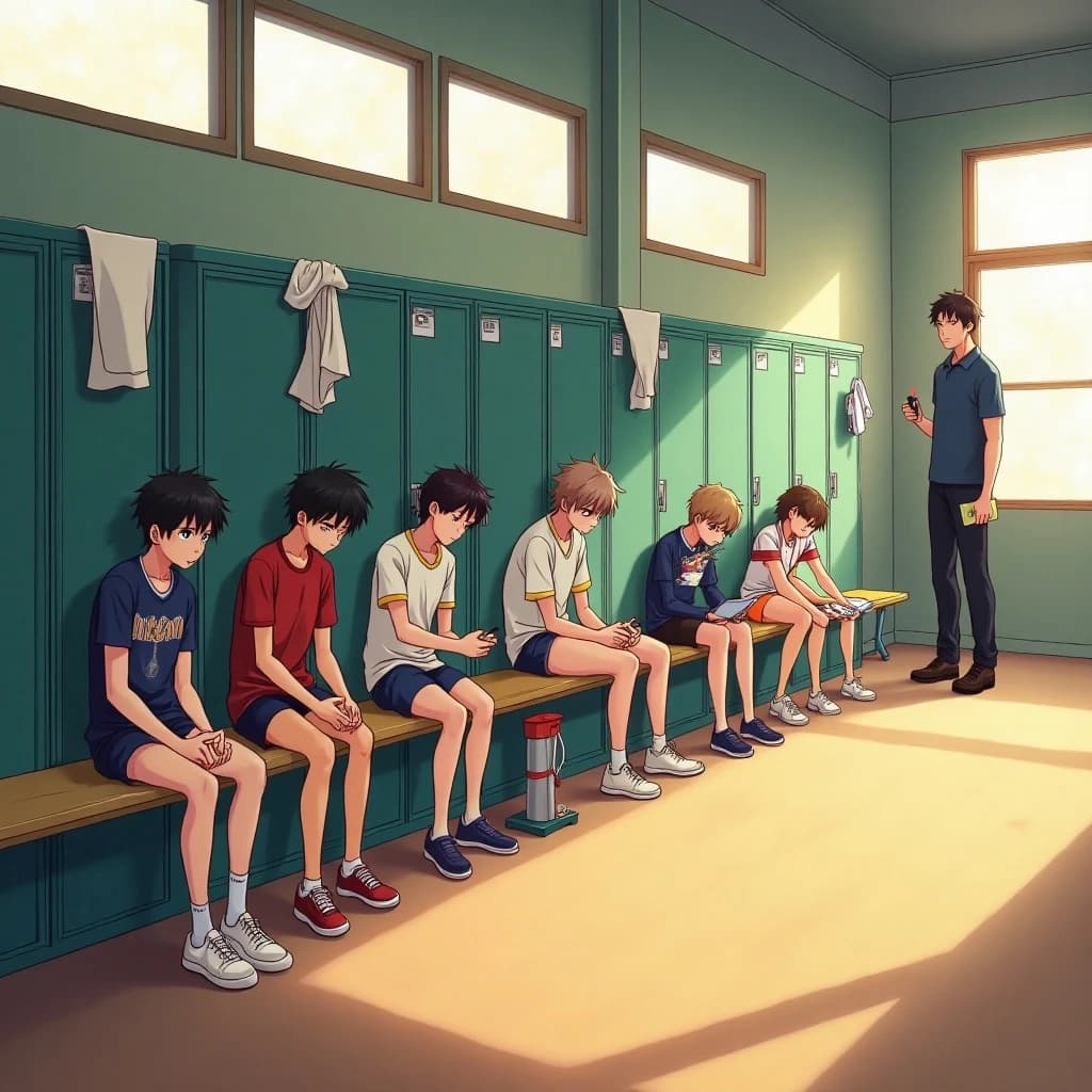 Modern anime interior for a high school volleyball series, wide view down a team locker room after practice. Eight lockers along the back wall in two banks of four, the three on the far left hanging open with jerseys spilling out and the rest shut. Four players occupy the foreground bench: the setter re-taping two fingers, the libero pulling on a knee sleeve, the captain reading a clipboard, and a first year asleep sitting upright with a towel over his face. A coach stands in the right doorway holding a whistle, half in shadow. Warm late-sun bars fall through high frosted windows, cel shading, clean bold linework.