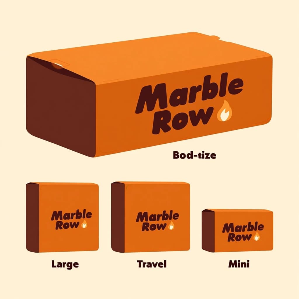 Flat vector illustration: one board-game box in three editions. The editions are captioned "Large", "Travel" and "Mini" in that order. The wordmark "Marble Row" appears on every edition with a small flame icon beside it. The orange-and-brown coloring is the same across every edition, and only the box size changes.