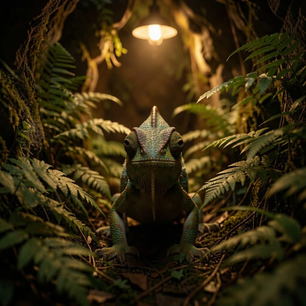 A chameleon half in shadow in a fern-filled ravine, under warm lamplight, symmetrical head-on framing, soft-focus portrait photography style.