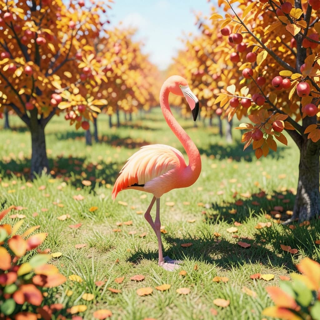 flamingo, autumn orchard, bright midday sun, telephoto compression, isometric 3D, subtle texture