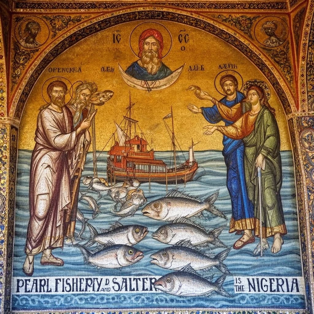 Pearl Fishery and Salter in Abuja, Nigeria in the style of byzantine