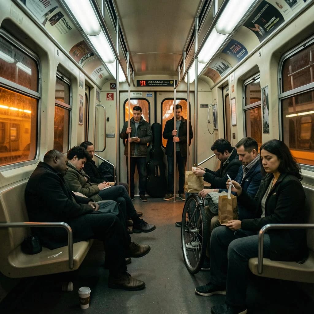 Cinematic photograph inside a late night subway car, handheld, lit only by flickering ceiling strips and orange platform light sliding past the windows. Nine passengers down the car: the three on the left bench all sleep with heads tipped at different angles, the four on the right bench are awake, one folding a paper bag, one holding a bike wheel upright between his knees, one wrapping her own wrist in tape, one staring straight into the lens. Two more stand at the far doors gripping the same pole with a violin case wedged between them. An empty seat beside the nearest sleeper, a coffee cup rolling under it.