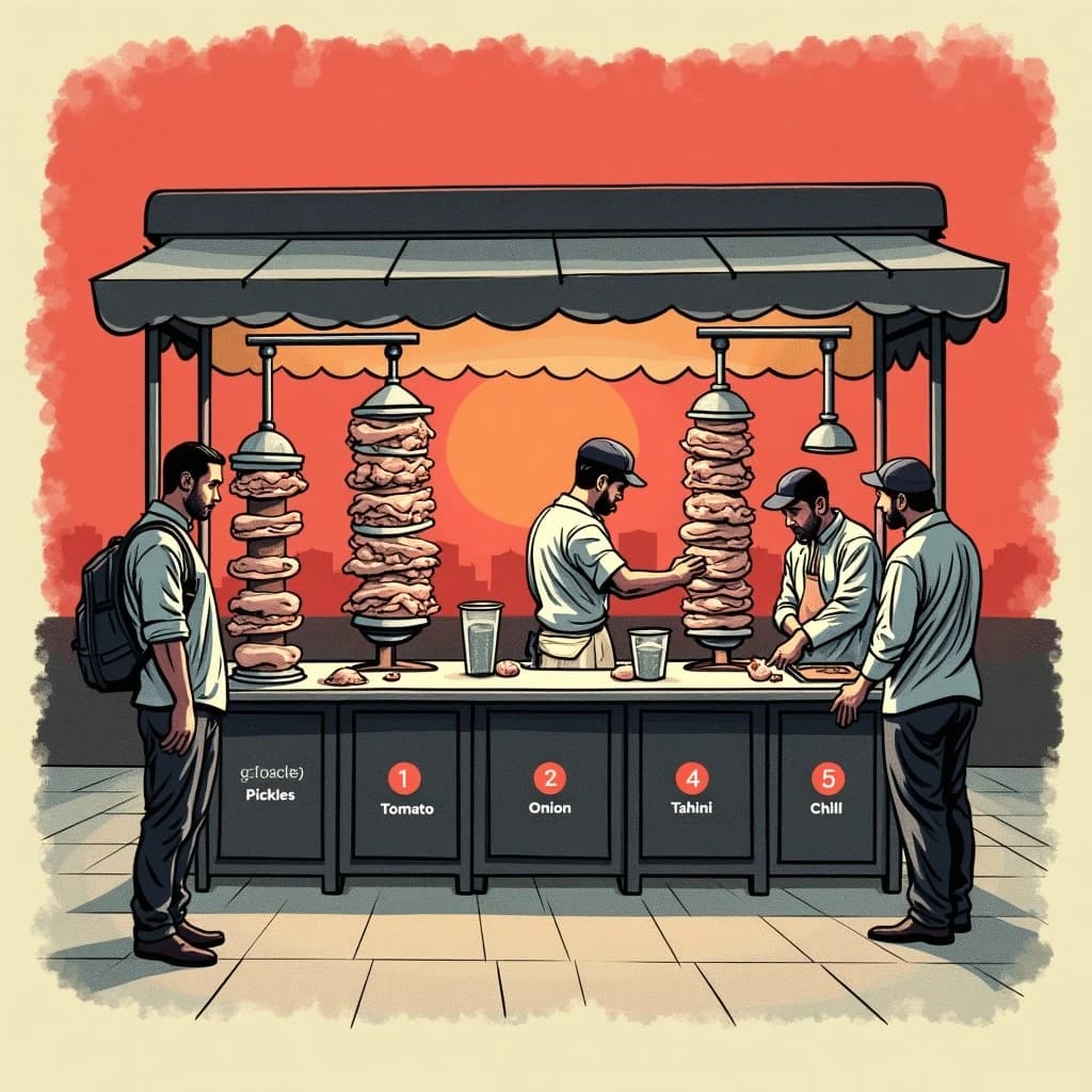 Editorial halftone print diagram of a street shawarma stall at dusk, printed in charcoal, warm red and cream dots. Two vertical spits stand side by side behind the counter, chicken on the left and lamb on the right, the lamb cone noticeably wider. One cook shaves meat from the lamb into a tray while a second cook passes a wrapped sandwich across the counter to a customer. Five garnish bins run along the counter labelled "Pickles", "Tomato", "Onion", "Tahini", "Chilli", with numbered callouts one to five pointing at them.
