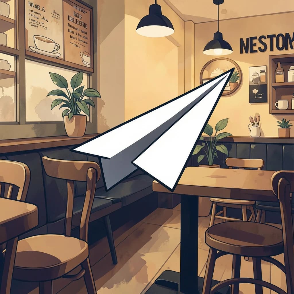 Silkscreen print of a paper airplane inside a cozy cafe, layered wash, smooth vector finish, split-complementary palette.