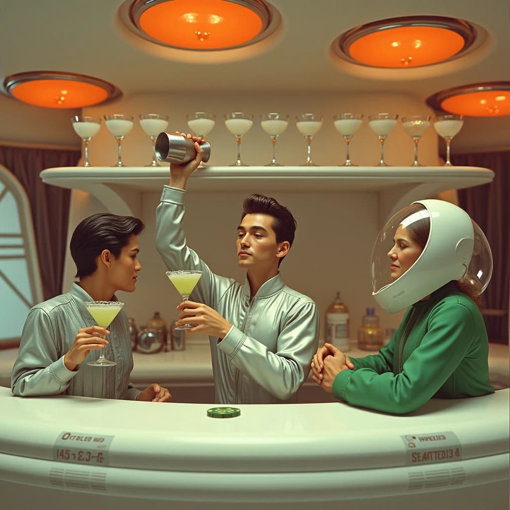 In-game screenshot from a lounge sim aboard an orbital hotel, all curved white plastic, orange bubble lamps and chrome trim in nineteen sixties Space Age design. A four-armed bartender shakes a tin with two arms while pouring a margarita with a third and sliding a coaster across with the fourth. Three customers at the bar: the one in a silver jumpsuit holds a salt-rimmed margarita, the one in green holds nothing, the one in a bubble helmet is asleep on folded arms. Behind them a rack holds nine coupe glasses, the five on the upper shelf frosted, the four below clear. Bottom-left interface: a tip counter reading "142 credits", a shaker cooldown ring, and a chip reading "Order 3 of 8".