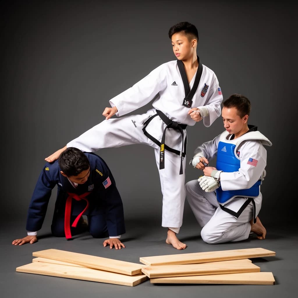 Studio photography, stunt and costume reference on a seamless charcoal backdrop, one hard key from camera left. Three taekwondo athletes in a tight diagonal: the tallest, in a white uniform with a black belt, holds a side kick frozen at chest height; the shortest, in navy with a red belt, ducks under it with both palms flat on the floor; the third kneels behind them fastening a blue chest guard onto a folded uniform. Two snapped pine boards lie at the front edge of the frame, a third board still whole in a holder's gloved hands.
