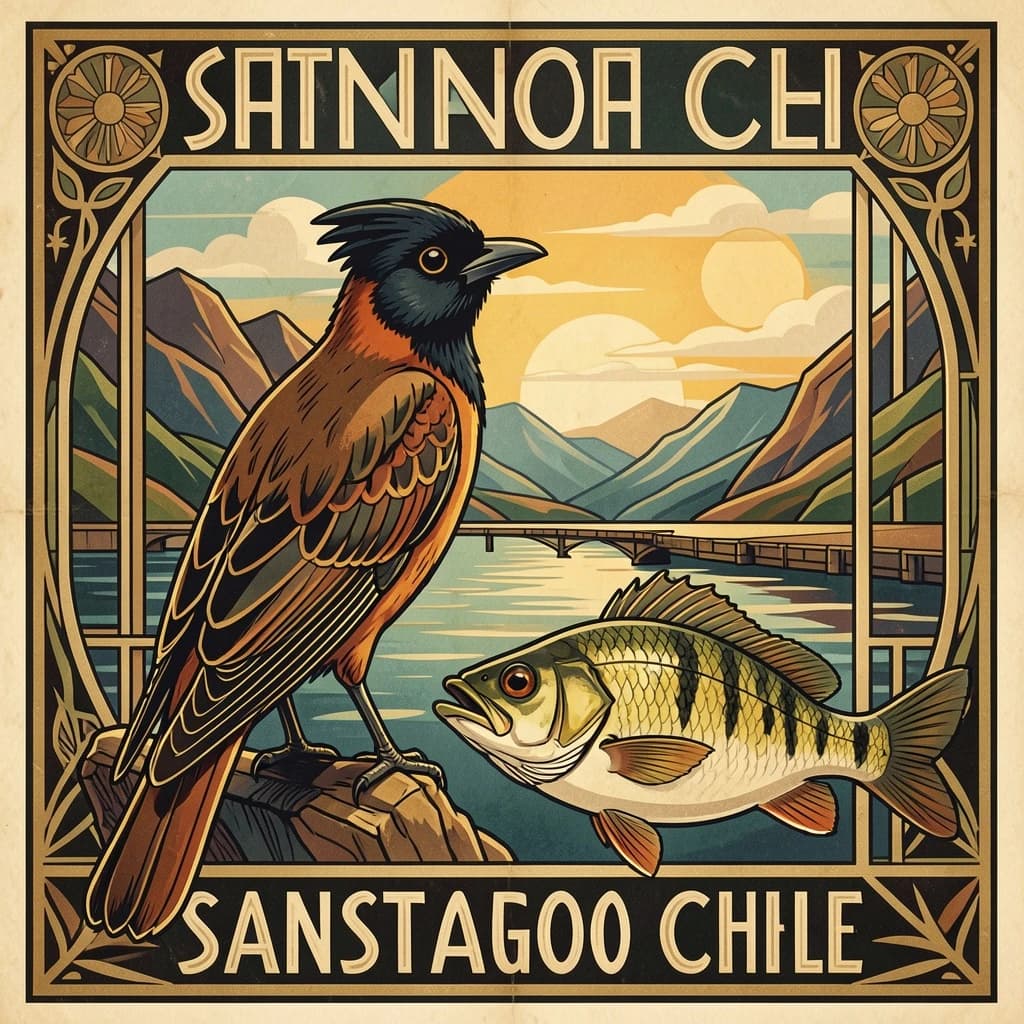 Crested Myna and Gudgeon in Santiago, Chile in the style of art deco