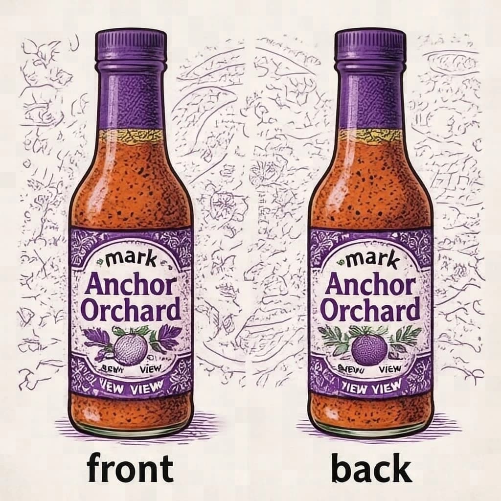 Printed poster: one hot-sauce bottle in two views. The views are captioned "front" and "back" in that order. The wordmark "Anchor Orchard" appears on every view. The purple-and-white coloring is the same across every view, and only the angle changes.