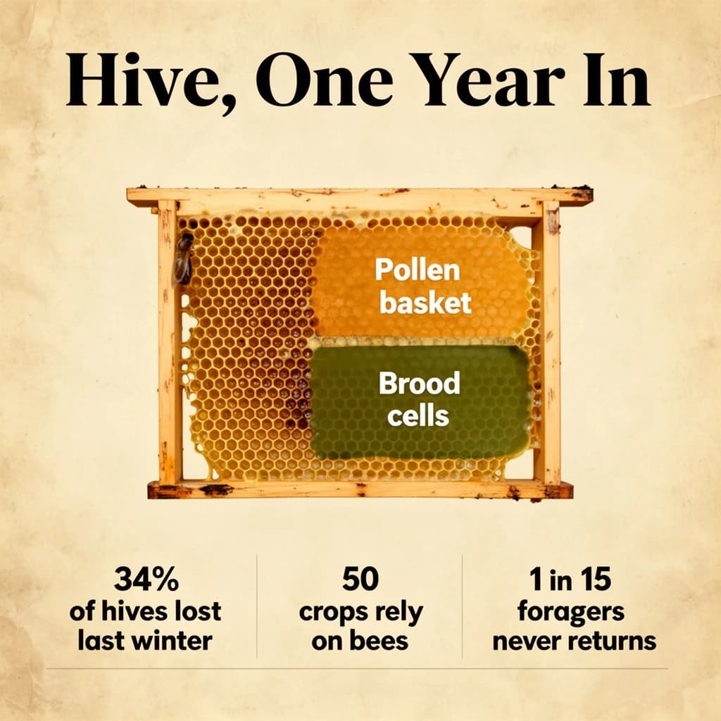 Printed poster titled "Hive, One Year In": at the center a cutaway of a hive frame, carrying two keyed regions, "Pollen basket" shaded amber and "Brood cells" shaded olive, beside a bottom row of three stat chips reading "34% of hives lost last winter", "50 crops rely on bees" and "1 in 15 foragers never returns".