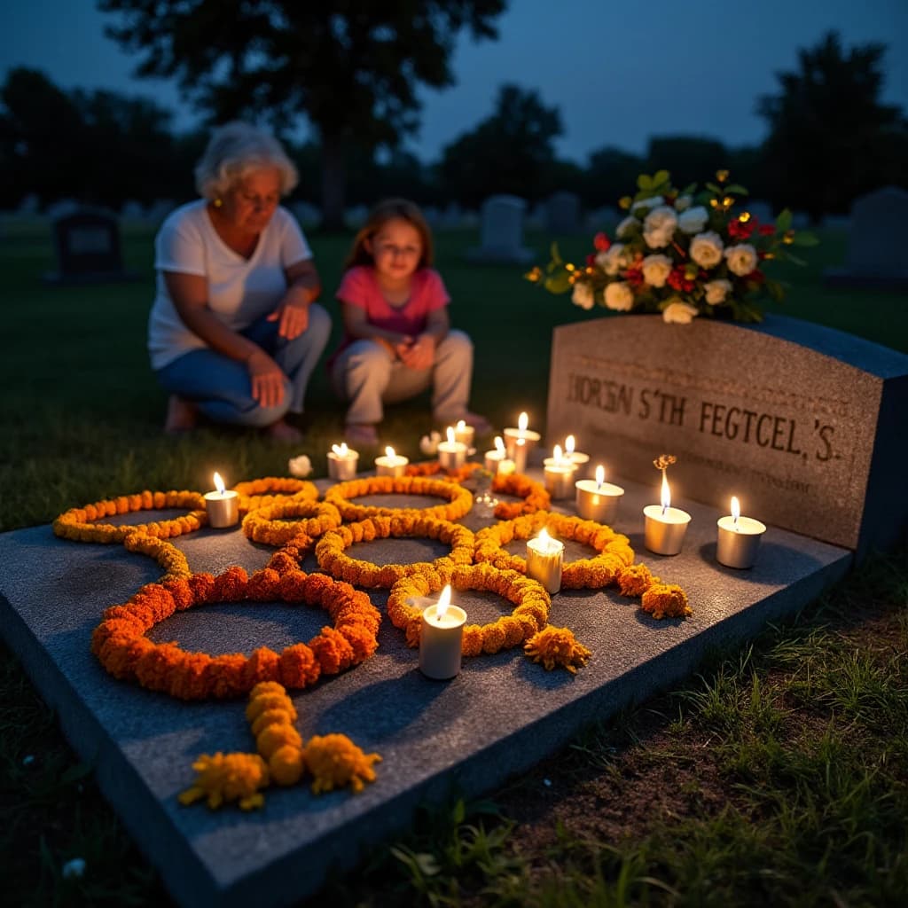 Photojournalism frame from a cemetery vigil at night: one grave slab carrying seven marigold garlands and nine lit candles, three of the candles guttered out and smoking, a grandmother and two children kneeling along the near edge.