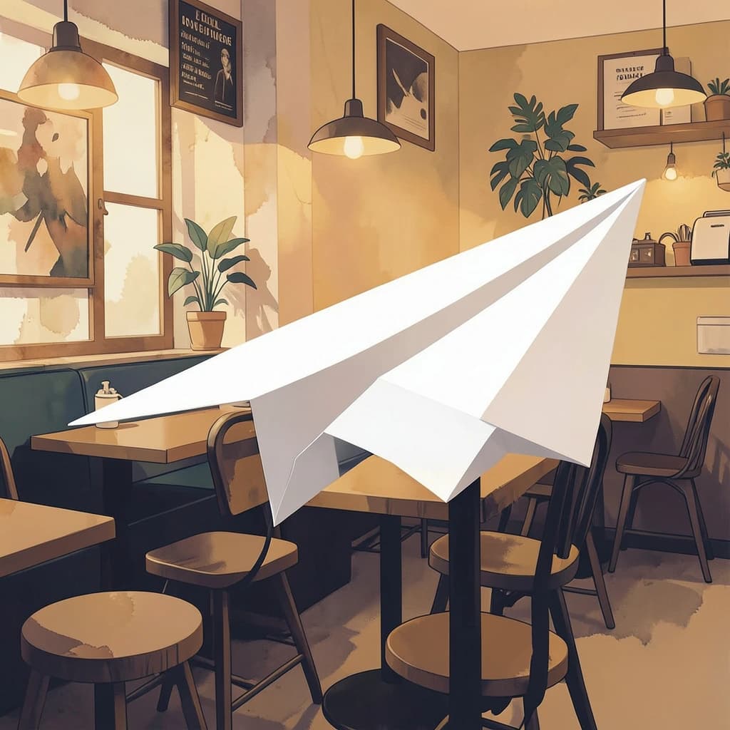 Silkscreen print of a paper airplane inside a cozy cafe, layered wash, smooth vector finish, split-complementary palette.