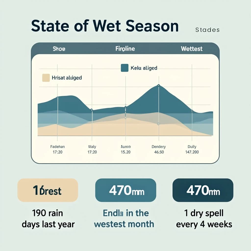 Flat vector illustration titled "State of Wet Season": at the center a twelve-month rainfall timeline, carrying two keyed regions, "Driest" shaded sand and "Wettest" shaded dark blue, beside a bottom row of three stat chips reading "190 rain days last year", "470mm in the wettest month" and "1 dry spell every 4 weeks".
