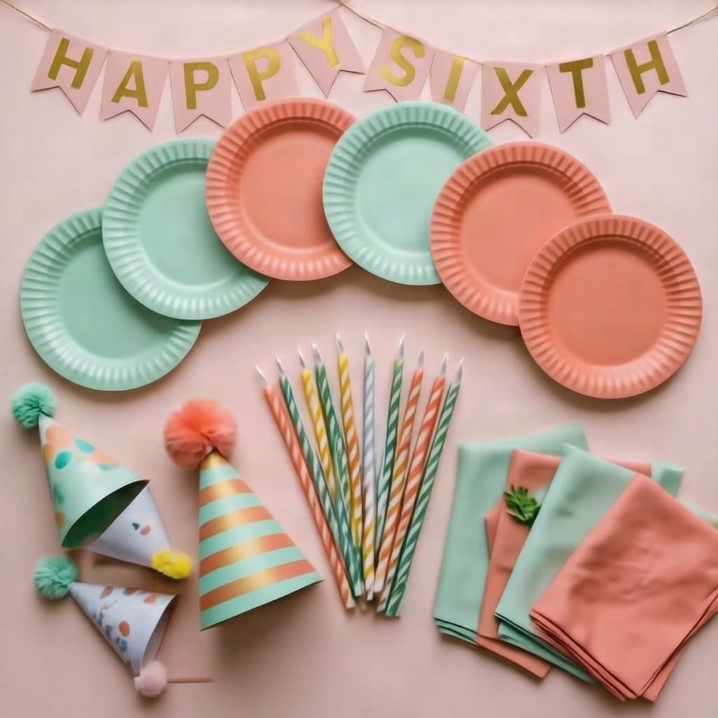 Flat lay photograph on pale pink paper, lit softly from above.
Eight paper plates fanned in an arc across the top of the frame, alternating mint and coral, four of each, mint first from the left.
Below the arc, twelve striped candles bundled under a paper band, laid diagonally.
Three cone party hats stacked at the lower left, only the middle hat trimmed with a pom pom.
At the lower right, six folded napkins in two piles of three, one pile mint and one coral.
A paper banner strung across the very top spells "HAPPY SIXTH" in gold letters, a few letters overlapping the plate arc.