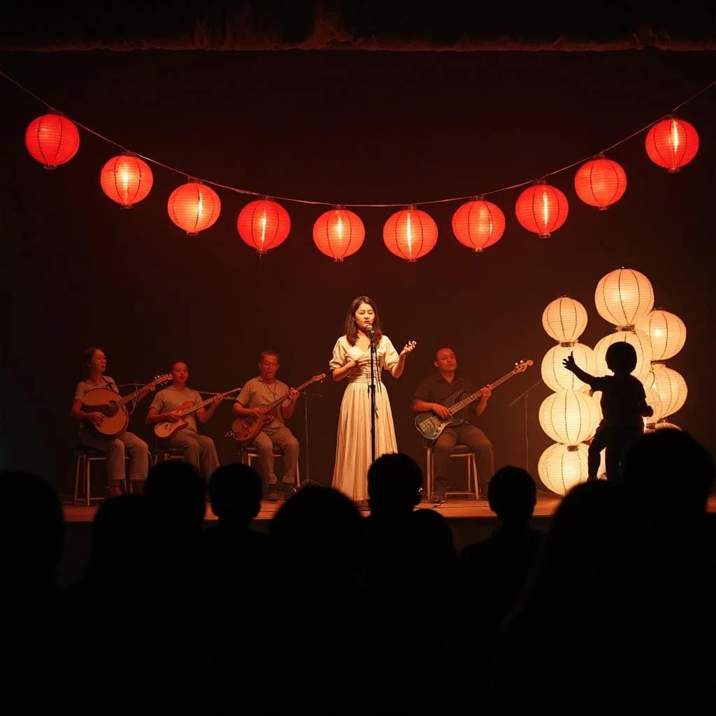 Concert photography, a Mid-Autumn Festival night in a Hong Kong park, shot from inside the crowd toward a low stage lit by warm floods. A singer at the centre microphone holds a note with both hands off the stand; on her left two erhu players sit side by side, on her right a single drummer stands. Eleven paper lanterns hang above the stage, the seven red ones strung in a line and the four white ones clustered at the right end. In the near foreground, out of focus, a child on a father's shoulders holds a rabbit lantern.