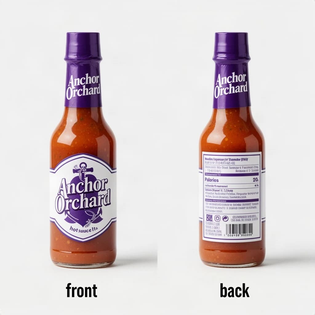 Printed poster: one hot-sauce bottle in two views. The views are captioned "front" and "back" in that order. The wordmark "Anchor Orchard" appears on every view. The purple-and-white coloring is the same across every view, and only the angle changes.