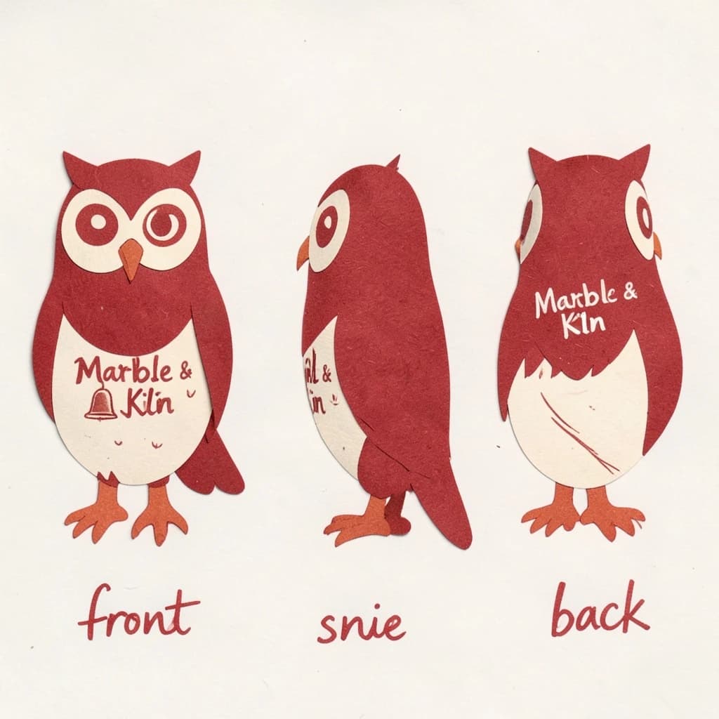 Cut-paper collage of the same bookstore owl mascot drawn in three views, captioned "front", "side" and "back", every view carrying the wordmark "Marble & Kiln" with a small bell outline beside it in the same red-and-cream coloring, only the angle changing.