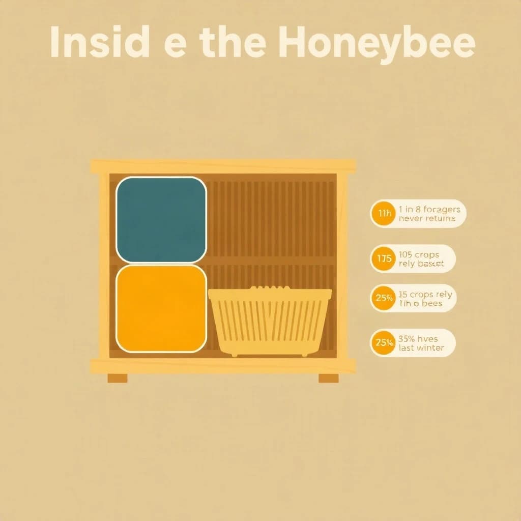 Flat vector illustration titled "Inside the Honeybee": at the center a cutaway of a hive frame, carrying three keyed regions, "Wing pair" shaded slate, "Brood cells" shaded olive and "Pollen basket" shaded amber, beside a right column of three stat chips reading "1 in 8 foragers never returns", "115 crops rely on bees" and "25% of hives lost last winter".