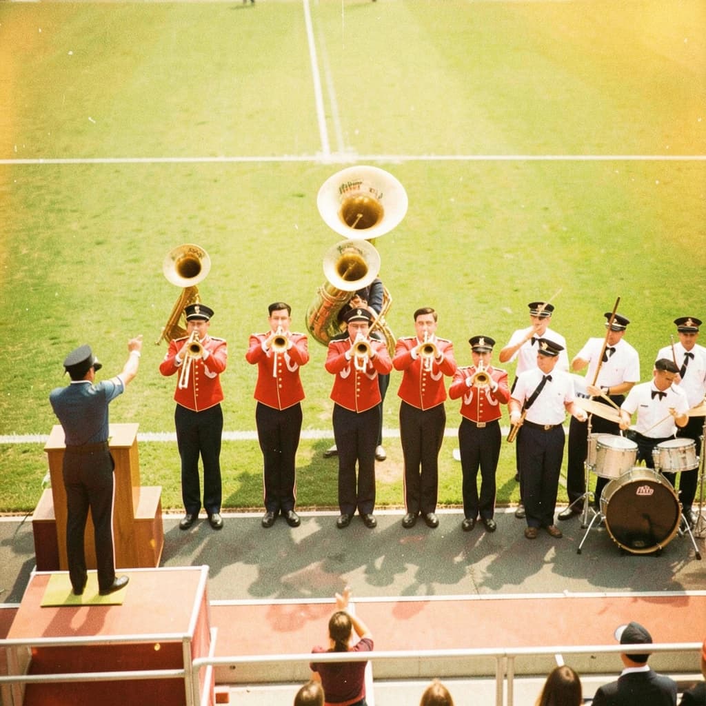Nineteen seventies Kodachrome-era colour film look, faded warm grain and slight overexposure: a high school marching band seen from a stadium walkway. Front rank of five trumpet players in red and white uniforms, all with horns raised. Behind them three sousaphones in a triangle, the middle player caught mid turn. A line of four drummers to the right, the snare drummer nearest the camera mid stroke. A single drum major stands on a podium at the far left with his back to us, arms up. Empty green field behind them.