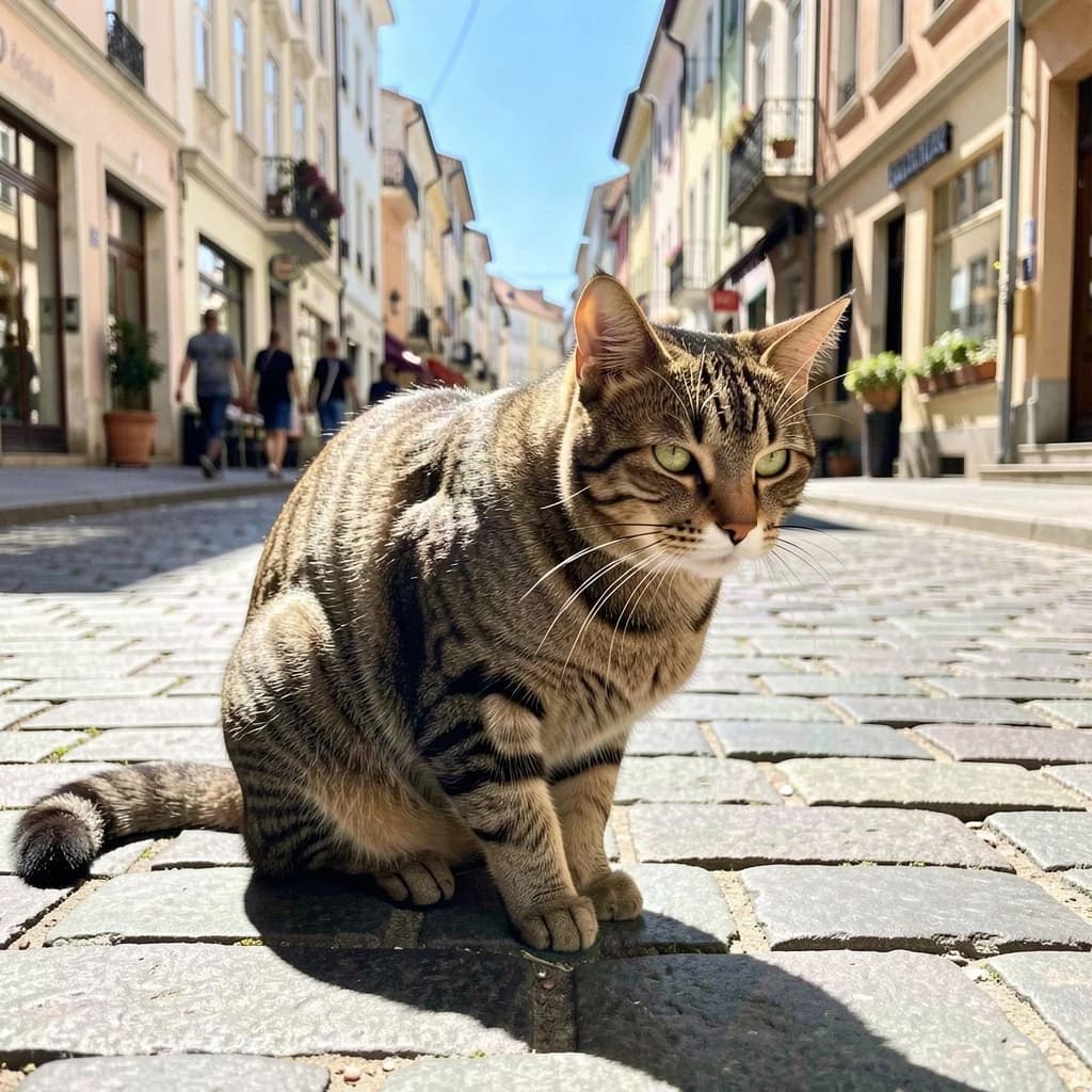 The instant a tabby cat gathers the color of the surrounding sky, on a cobblestone street, in bright midday sun.