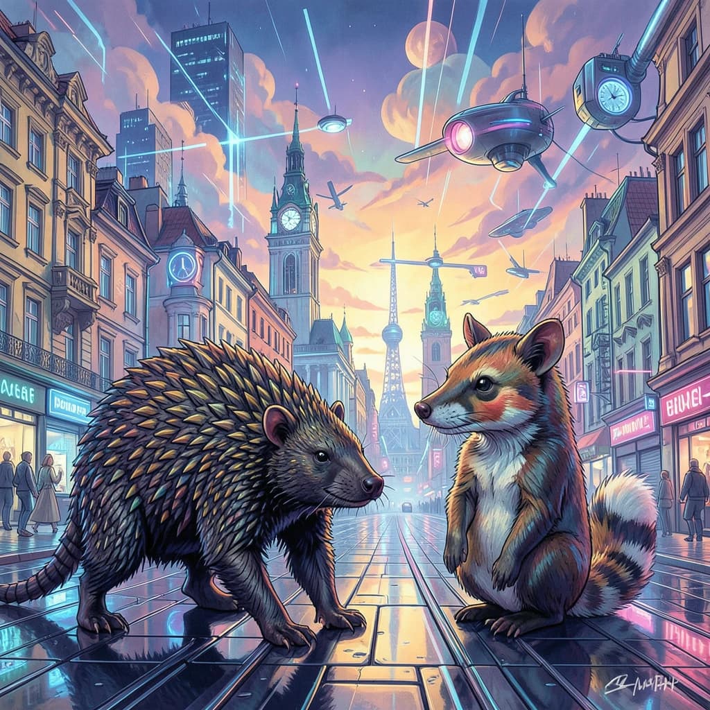 Scaly Anteater and Ringtail in Bucharest, Romania in the style of futurism