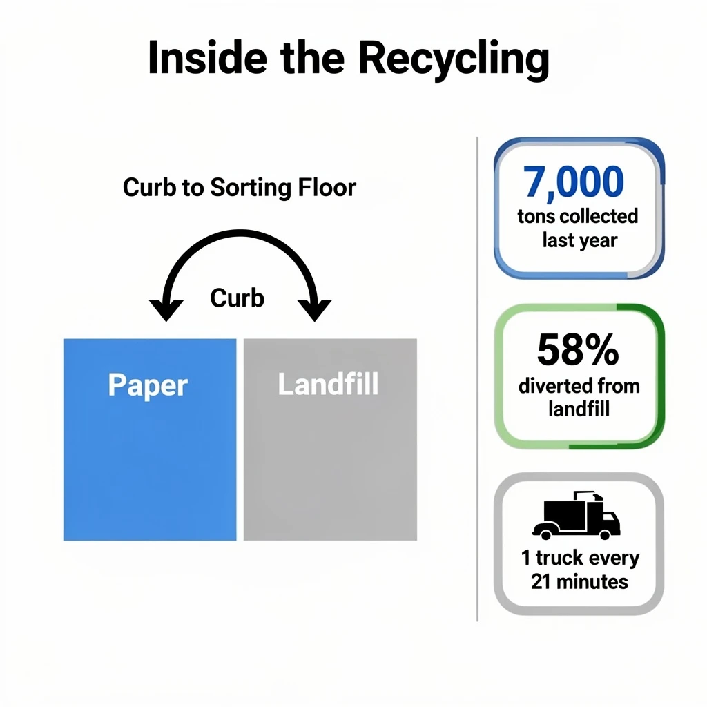 Flat infographic titled "Inside the Recycling": at the center a flow chart from curb to sorting floor, carrying two keyed regions, "Paper" shaded blue and "Landfill" shaded gray, beside a right column of three stat chips reading "7,000 tons collected last year", "58% diverted from landfill" and "1 truck every 21 minutes".