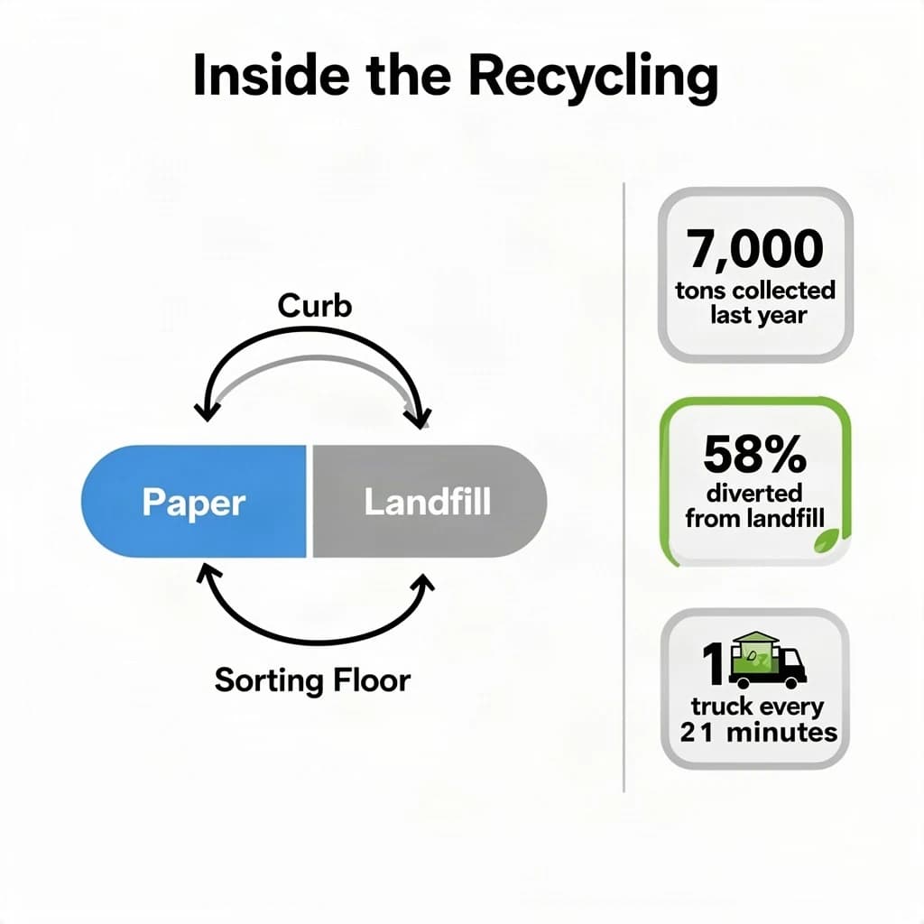 Flat infographic titled "Inside the Recycling": at the center a flow chart from curb to sorting floor, carrying two keyed regions, "Paper" shaded blue and "Landfill" shaded gray, beside a right column of three stat chips reading "7,000 tons collected last year", "58% diverted from landfill" and "1 truck every 21 minutes".