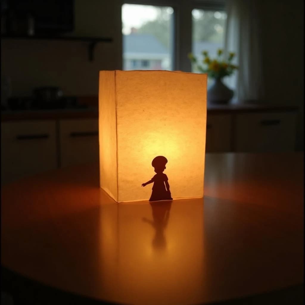 The still point when a paper lantern reads as a single dark silhouette, in a sunlit kitchen, under soft morning light.