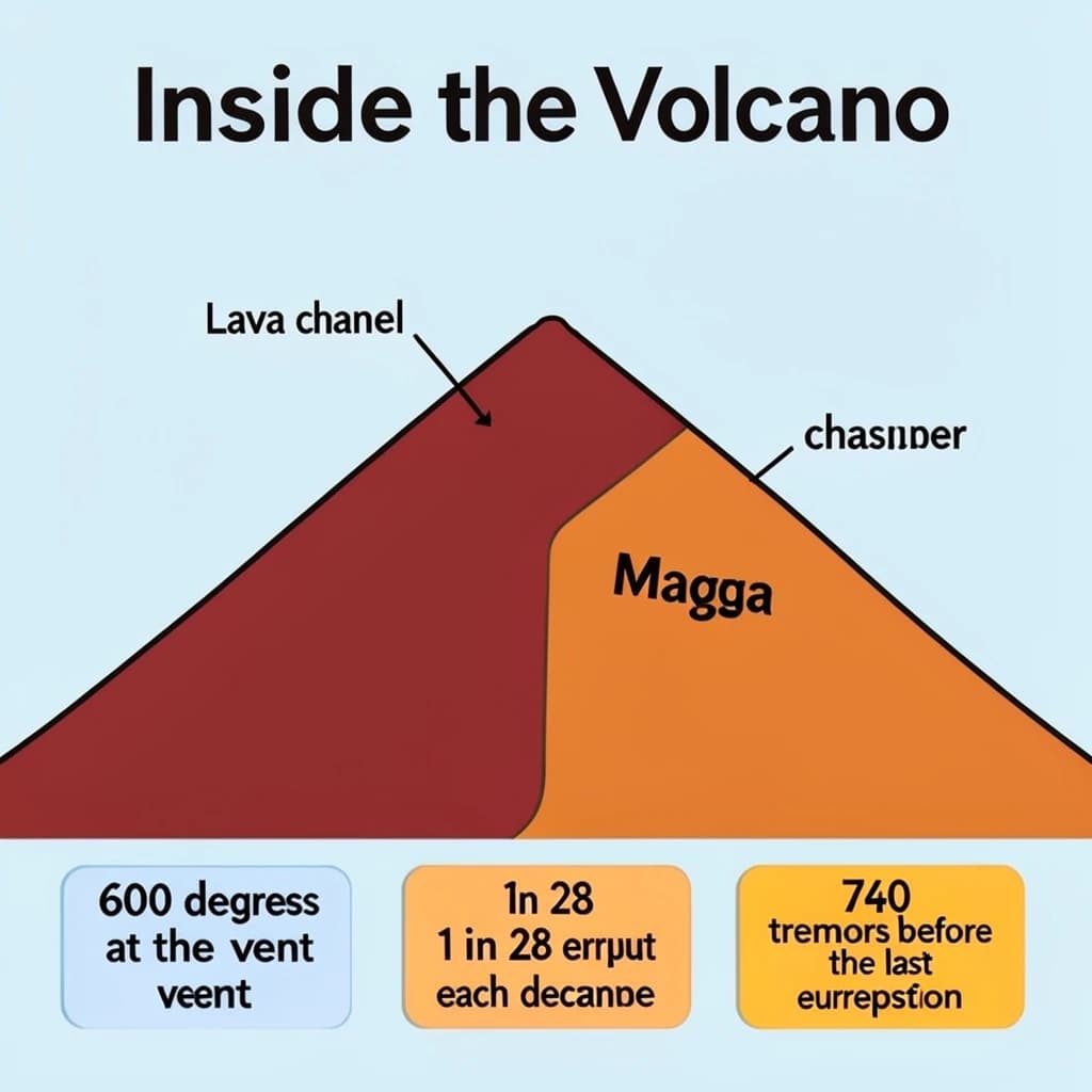 Flat infographic titled "Inside the Volcano". A simplified hazard map of the slopes sits at the center, carrying two keyed regions, "Lava channel" shaded red and "Magma chamber" shaded orange. Three stat chips run down a bottom row, reading "600 degrees at the vent", "1 in 28 erupt each decade" and "760 tremors before the last eruption". Each key color matches the shading of the region it names.