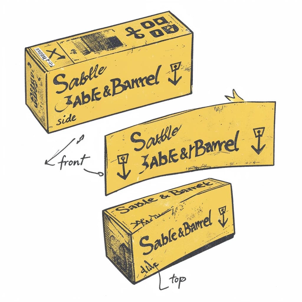 Linocut print: one board-game box in three views. The views are captioned "front", "side" and "top" in that order. The wordmark "Sable & Barrel" appears on every view with a small anchor mark beside it. The mustard-and-charcoal coloring is the same across every view, and only the angle changes.