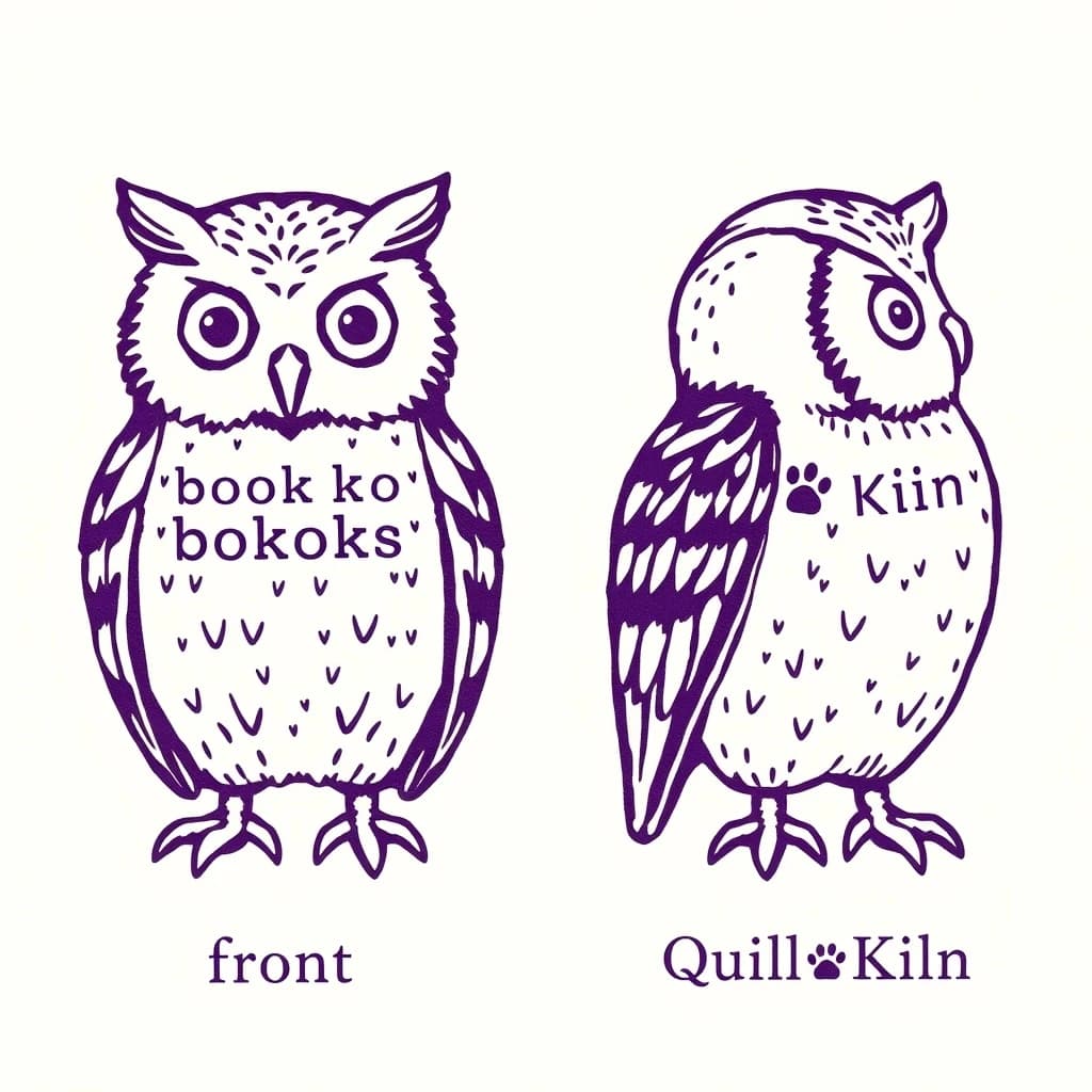 Linocut print: one bookstore owl mascot in two views. The views are captioned "front" and "side" in that order. The wordmark "Quill Kiln" appears on every view with a paw mark beside it. The purple-and-white coloring is the same across every view, and only the angle changes.